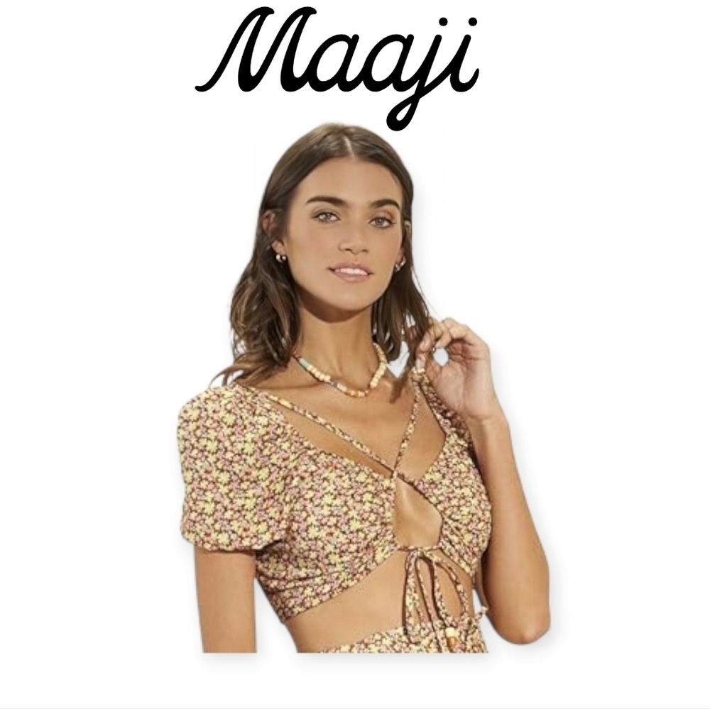 Maaji Radiant Meadow Riley Crop Top Floral Multicolor Yellow Pink Tan L NWOT